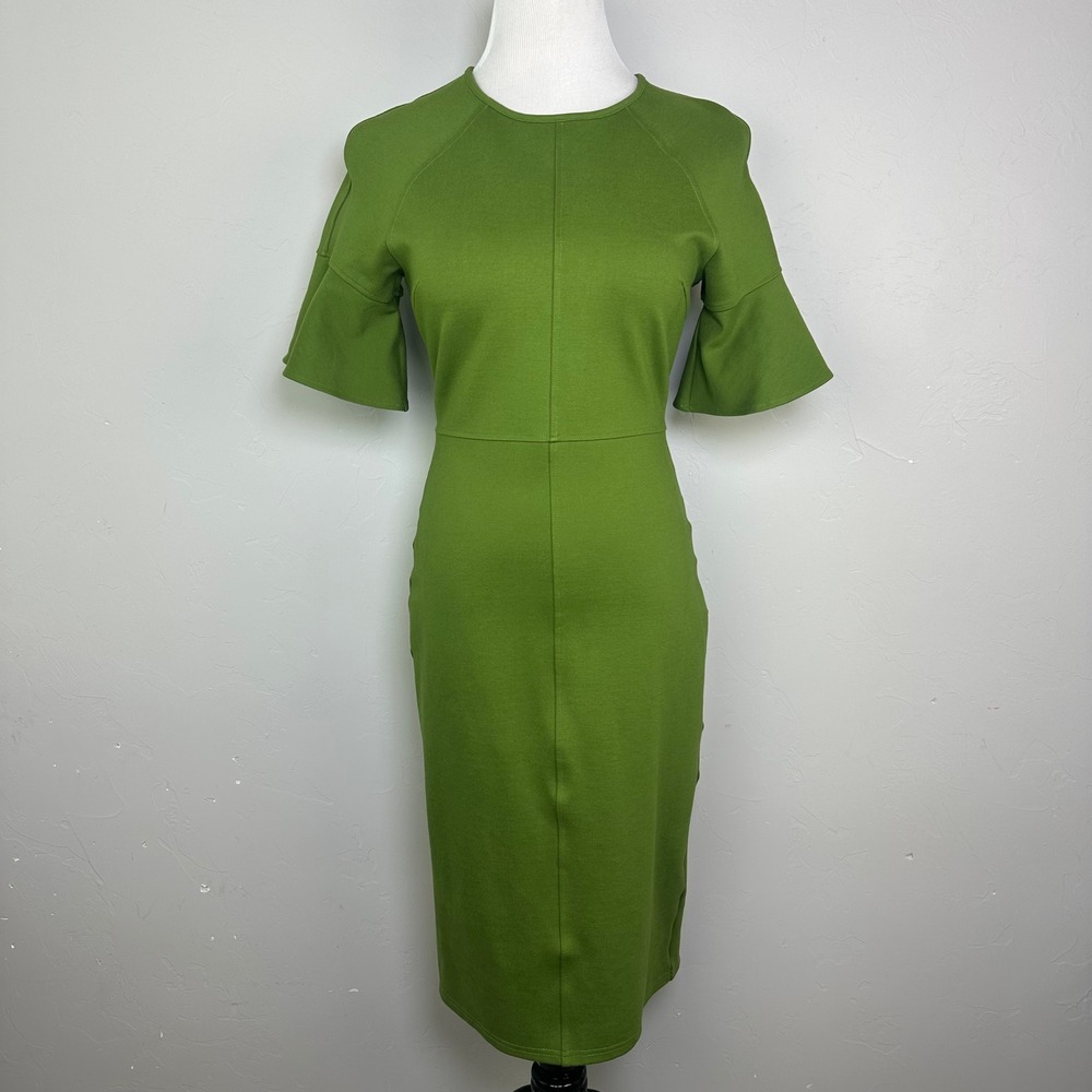 Rachel Parcell Monaco Sage Green Flutter Sleeve Ponte Midi Sheath Dress Small